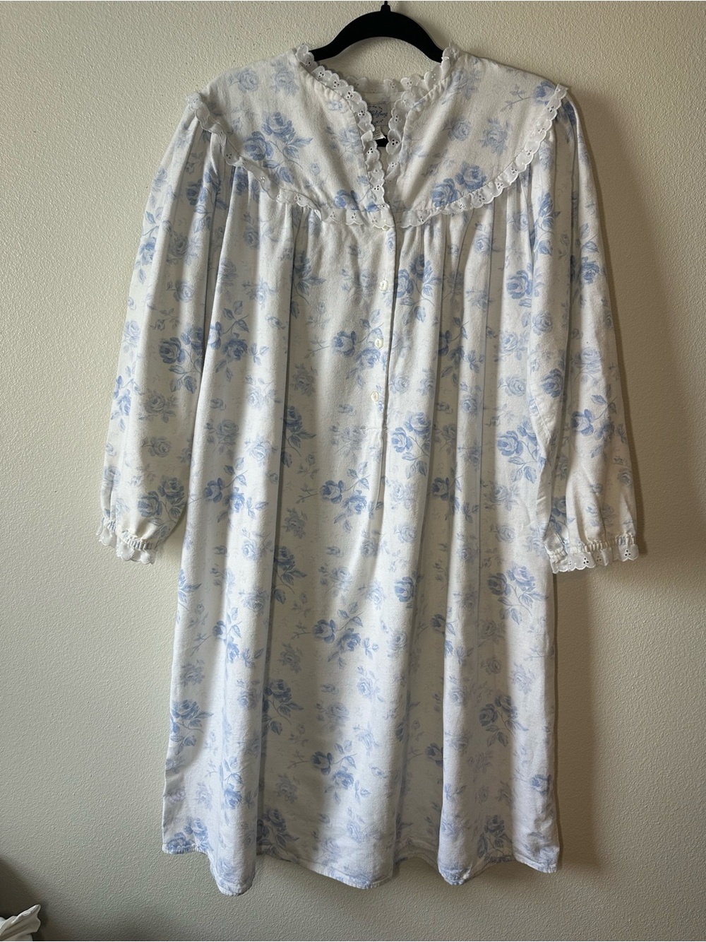 Vintage Lanz of Salzburg White & Light Blue Floral Cotton Nightgown with Lace